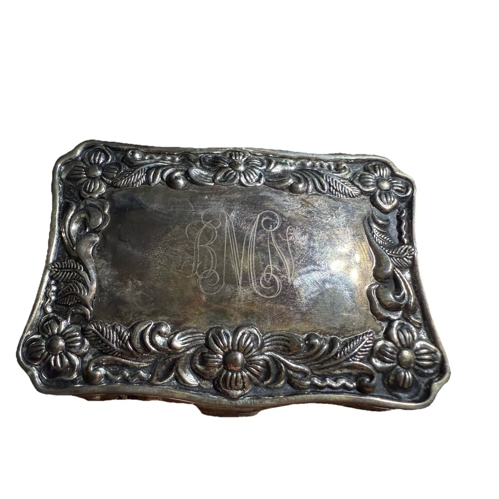 Vintage Ornate Jewelry Box, Baroque Style Metal‎ and Blue Velvet Monogrammed